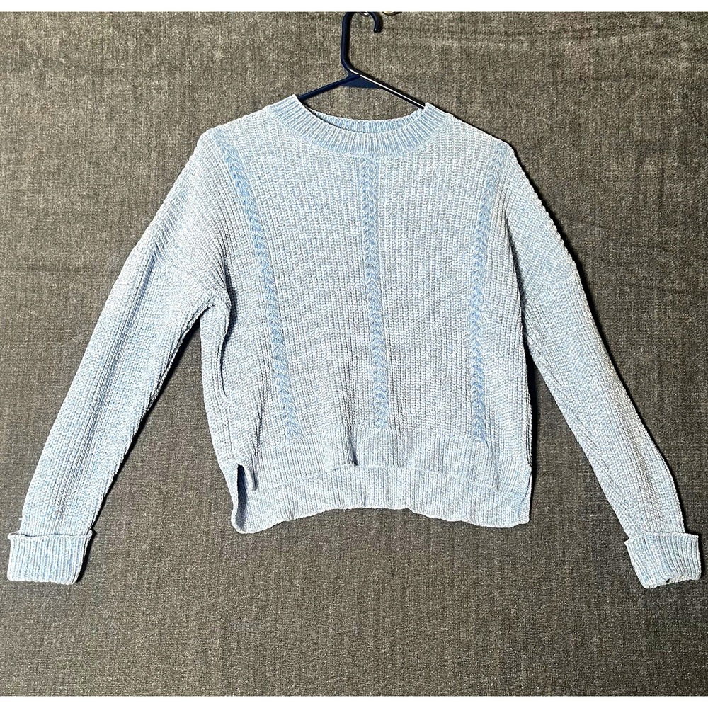 Soho Apparel Women's Crop Sweater S Blue Cable-Knit Crew Neck Pullover